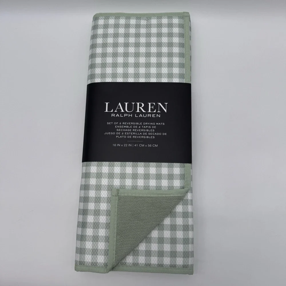 Ralph Lauren Reversible Dish Drying Mats 2 Set Sage Gingham Check 16